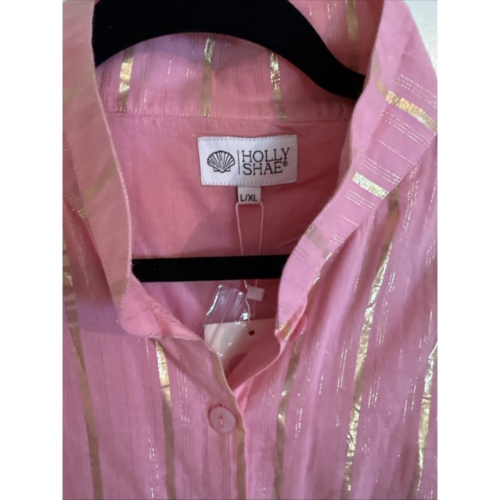 Holly Shae Design Catherine Pink & Gold Button Front Belted Dress L/XL NWT - Picture 2 of 7
